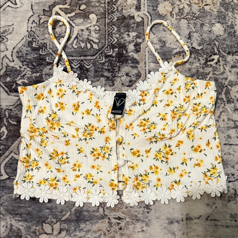 Windsor White and Yellow Floral Lace Trim Crop Top